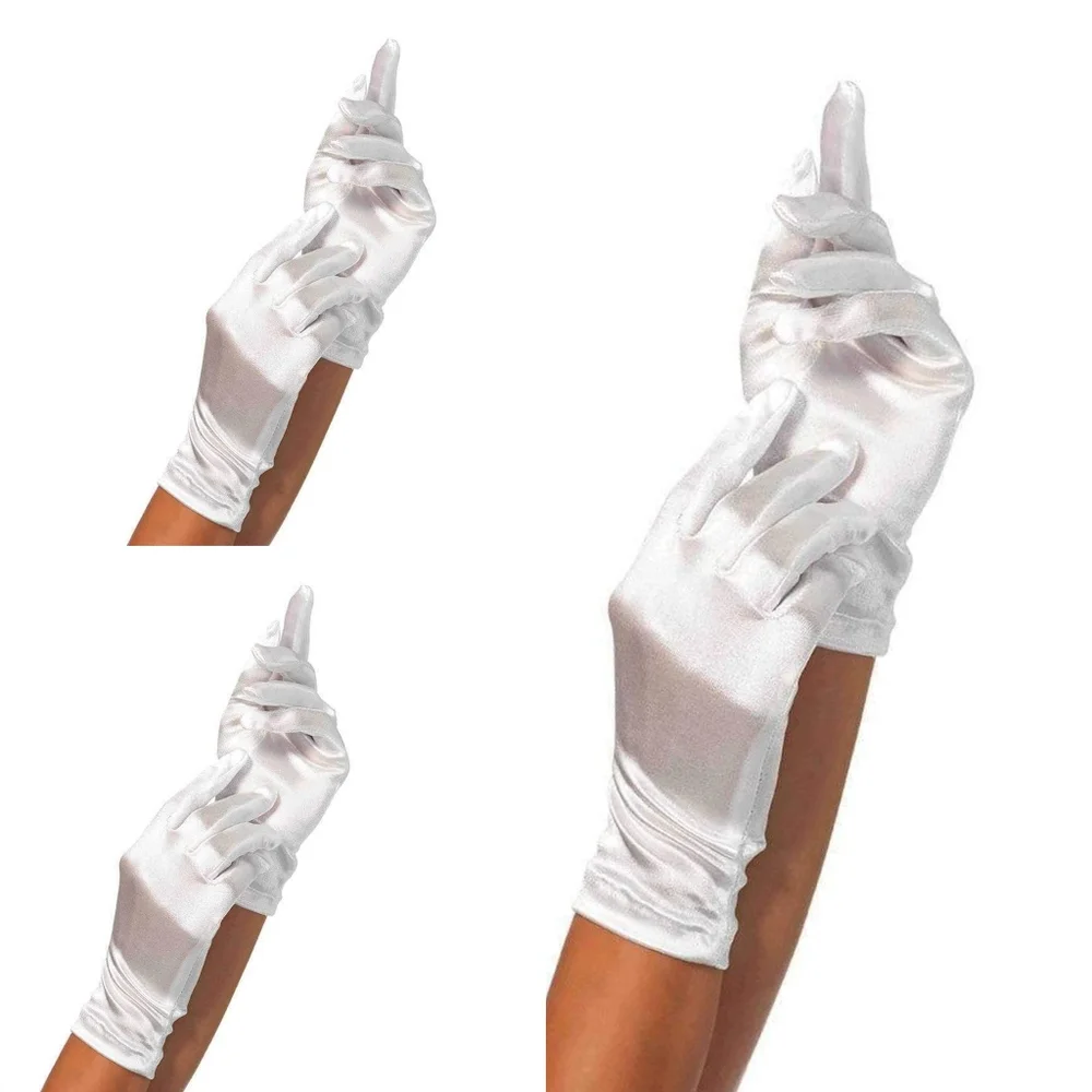 3 Pairs White Short Satin Gloves